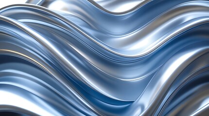 Abstract metallic silver and blue fluid waves with a smooth reflective surface. Futuristic liquid metal texture with dynamic flowing shapes, creating a sleek and modern aesthetic

