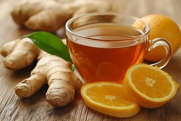 Ginger tea, citrus, wood table, health drink