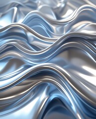 Abstract metallic silver and blue fluid waves with a smooth reflective surface. Futuristic liquid metal texture with dynamic flowing shapes, creating a sleek and modern aesthetic

