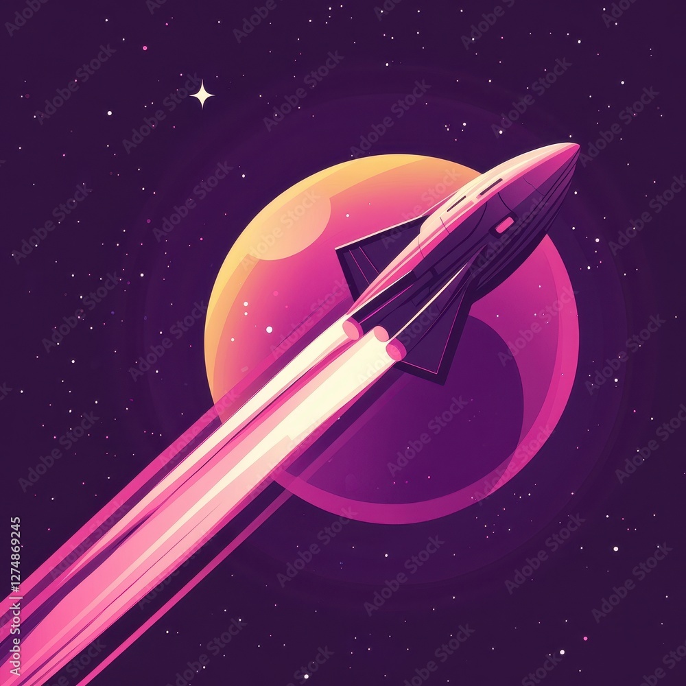 Poster rocket soars through space with a vibrant planet backdrop