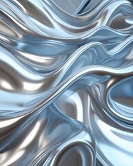 Abstract metallic silver and blue fluid waves with a smooth reflective surface. Futuristic liquid metal texture with dynamic flowing shapes, creating a sleek and modern aesthetic

