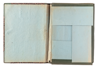 Old vintage faded open empty paper folder top view isolated