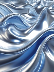 Abstract metallic silver and blue fluid waves with a smooth reflective surface. Futuristic liquid metal texture with dynamic flowing shapes, creating a sleek and modern aesthetic

