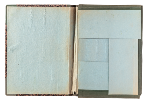 Old vintage faded open empty paper folder top view isolated