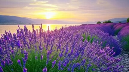 Naklejka premium Serene Lavender Fields Under a Beautiful Sunset Sky Over Water