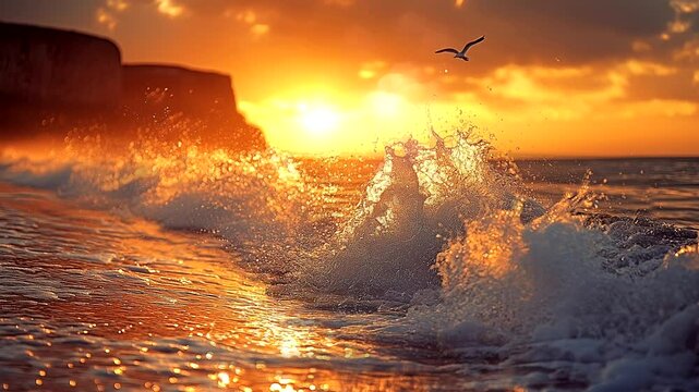 Golden sunset over ocean waves with a seagull flying above the water illuminated by warm light. Seamless looping 4K time-lapse animation video background