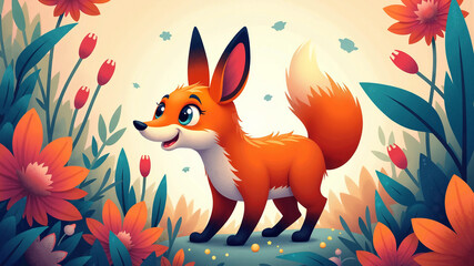 Obraz premium Cute Cartoon Fox in a Floral Wonderland