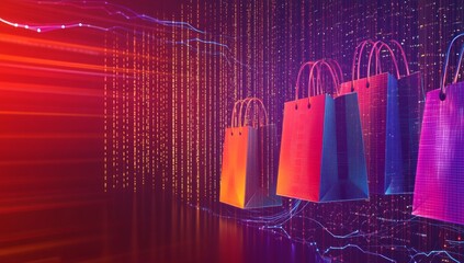 Online shopping bags futuristic data background