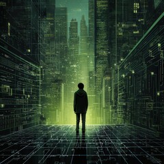 Obraz premium Boy facing futuristic city, digital code background; tech concept art