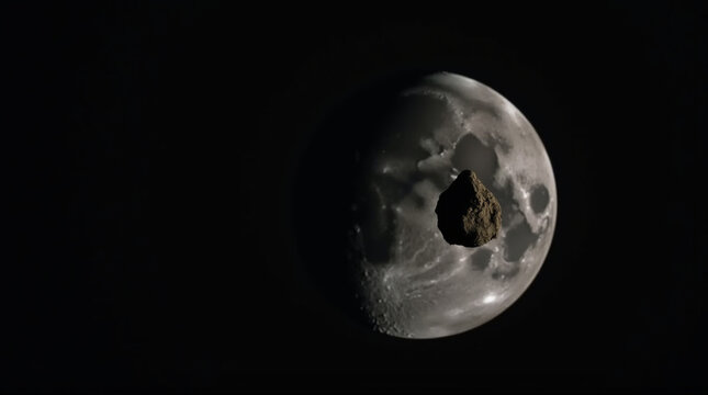 Un asteroide se acerca a la Luna en el espacio abierto, p&oacute;ster de IA.