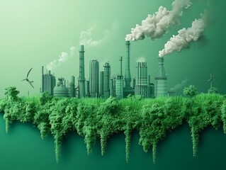 Floating factory island, sustainable industry, green environment, pollution in background