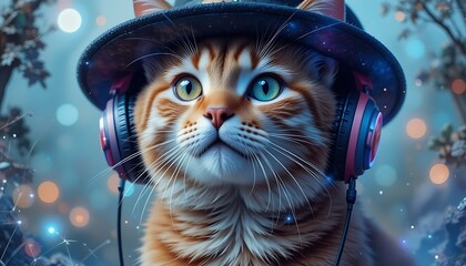 Ginger Cat Wearing Hat and Headphones Enjoying Music in Magical Forest