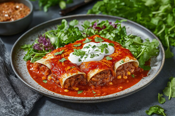 Delectable Beef Enchiladas with Zesty Salsa and Creamy Topping