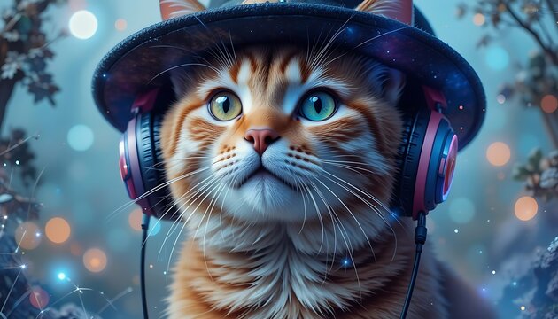 Ginger Cat Wearing Hat and Headphones Enjoying Music in Magical Forest