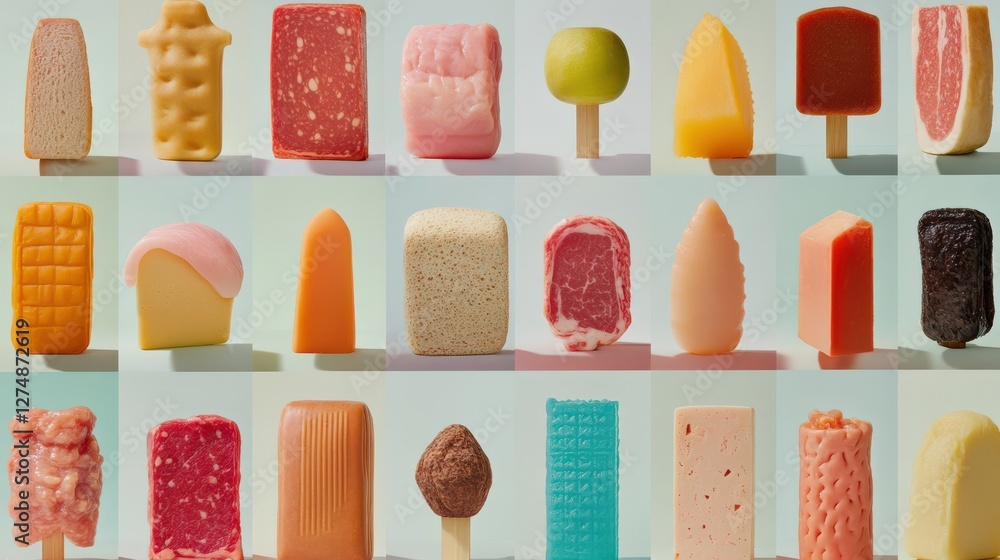 Poster colorful assortment of ice cream-shaped soap bars displayed in a grid format on a light backdrop