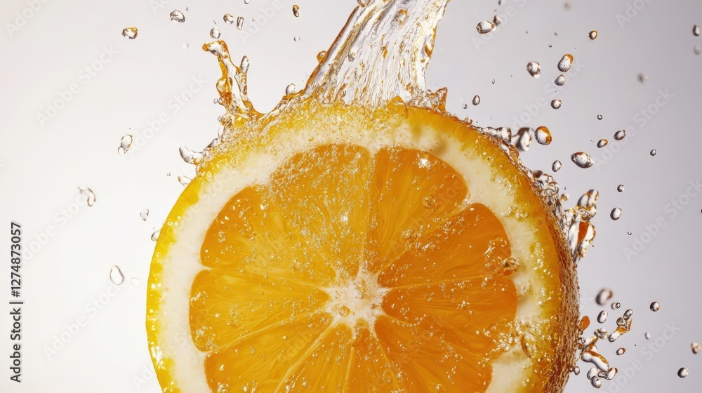 Poster fresh orange slice splashing in water against a light background, creating dynamic droplets