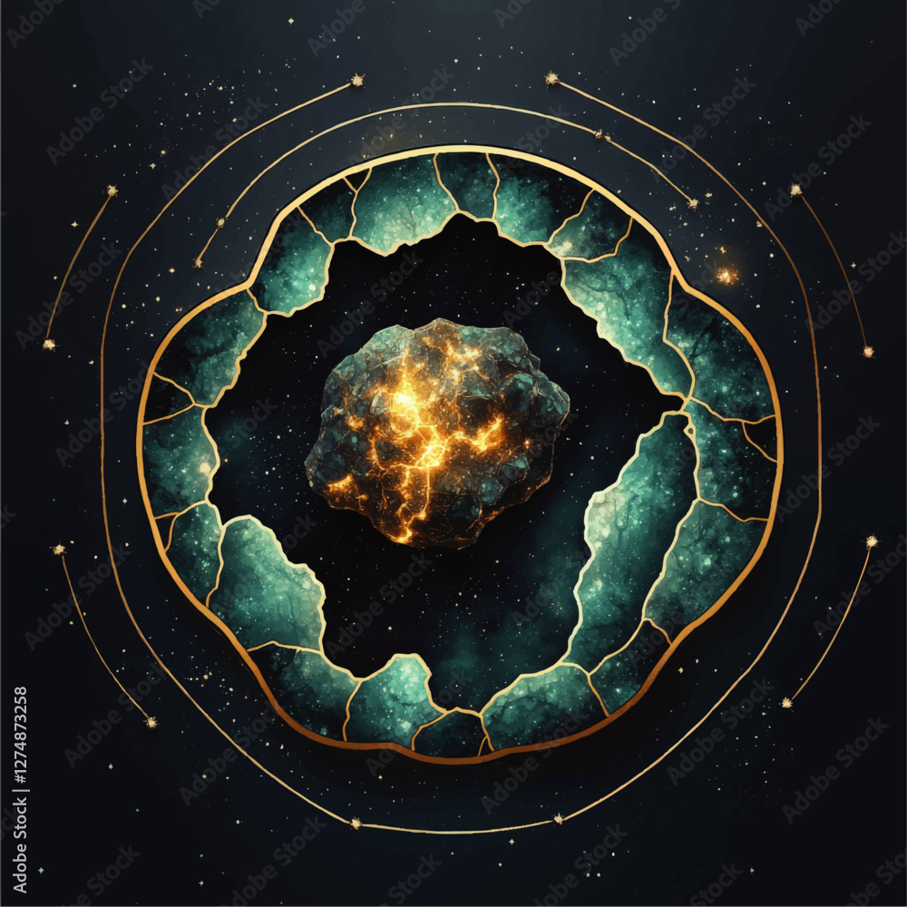 Wall mural stunning cosmic vector art of glowing meteor surrounded by orbit trails and fractured nebula pattern