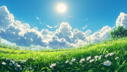 Obraz premium Sunny day, daisies in field, cloudscape, idyllic scene, summer