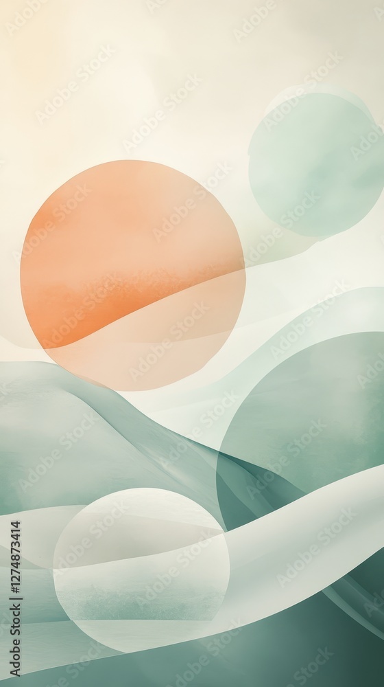 Poster abstract composition featuring circles and flowing wavy lines