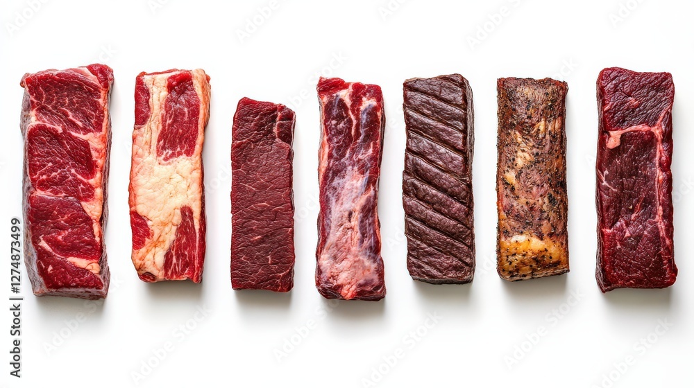Poster assorted cuts of raw beef displayed on a white surface for culinary presentation and use