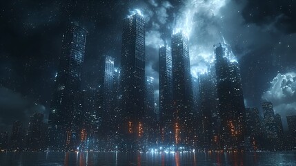 Naklejka premium Futuristic city at night under stormy sky. Possible stock photo use