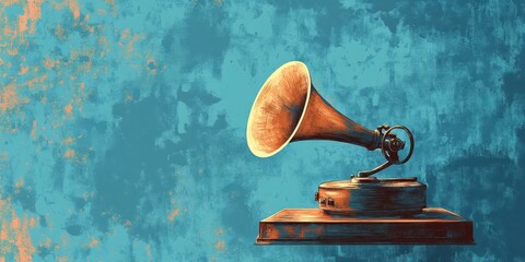 Vintage gramophone sitting on a wood table against a blue backdrop