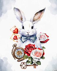 Wonderland poster, banner, greeting card.  Watercolor white rabbit,key, clock, cards, red and white roses on  white watercolor background. Vector illustrations