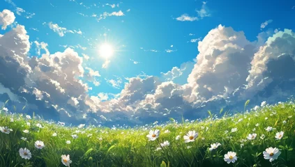 Gordijnen Sunny meadow, fluffy clouds, summer day, idyllic field, nature background © ANZ studio