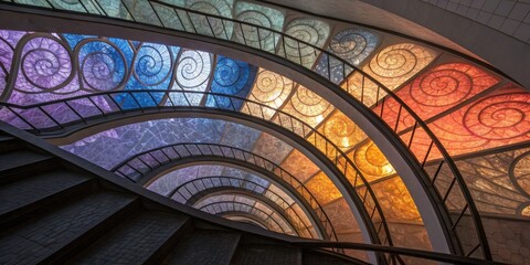 Fototapeta premium Stunning spiral staircase with vibrant stained glass in a modern building illuminated by natural light