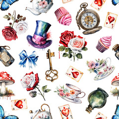 Watercolor red and white roses, poison, hat, cards on white background. Wonderland seamless pattern of Mad Hatter. Vector illustration. Texture for fabric, wrapping, wallpaper, print