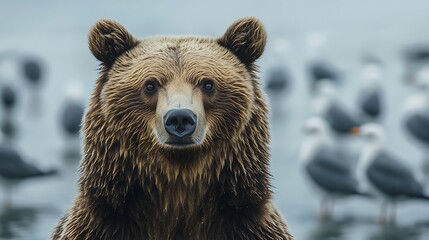 Obraz premium Grizzly bear facing viewer, birds in background, coastal habitat, wildlife encounter