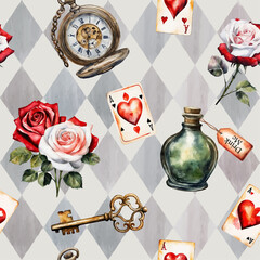 Wonderland watercolor seamless pattern. Red and white roses, key, clock, cards, poison on watercolor checkered background. Vector illustration.  Texture for fabric, wrapping, wallpaper, print