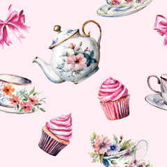 Wonderland seamless pattern of tea party. Watercolor tea cup, teapot, flowers, cakes on pink watercolor checkered background. Vector illustration. Texture for fabric, wrapping, wallpaper, print