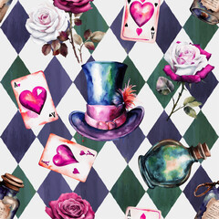 Watercolor red and white roses, poison, hat, cards on checkered background. Wonderland seamless pattern of Mad Hatter. Vector illustration. Texture for fabric, wrapping, wallpaper, print