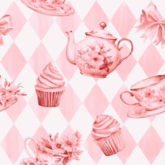 Wonderland seamless pattern of tea party. Watercolor tea cup, teapot, flowers, cakes on pink watercolor checkered background. Vector illustration. Texture for fabric, wrapping, wallpaper, print