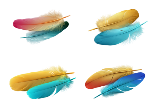 Colorful yellow and blue feathers with gradient tones, set on transparent background. PNG with transparency, AI
