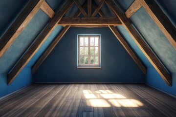 Empty attic room, blue walls, wood beams, sunlight, renovation