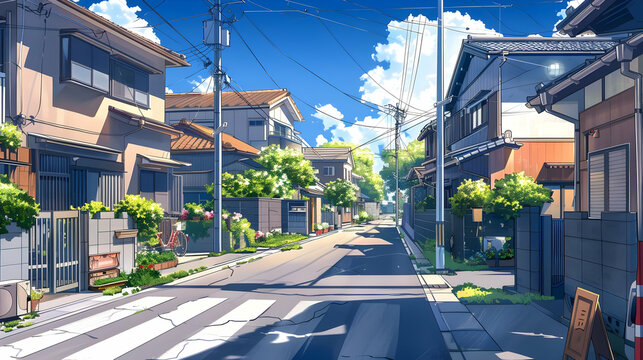 Peaceful residential street with modern Japanese houses, blooming gardens, and utility poles under bright summer sky, rendered in anime visual novel style. Suburban neighborhood game background concep