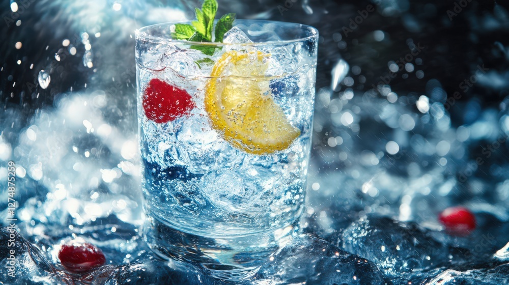 Poster refreshing cocktail with lemon and raspberry splashing in clear water, vibrant background
