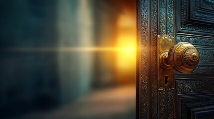 A beautifully ornate door partially open, revealing a warm glow of light in a mysterious hallway