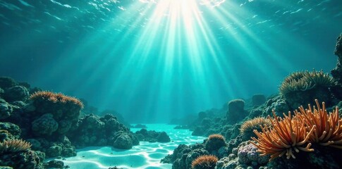 Obraz premium Turquoise ocean floor illuminated by sunbeams, coral and seaweed , sunbeams, turquoise