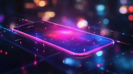Futuristic Smartphone with Vibrant Neon Glow and Abstract Background of Colorful Lights and Digital Effects