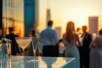 Evening social gathering with cocktails on a rooftop at sunset in a vibrant city