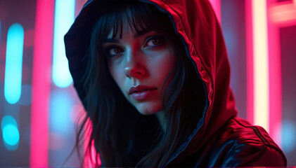 A young woman wearing a luminescent hooded jacket in this cyberpunk portrait, reflecting blue and purple lights against the damp city streets.

