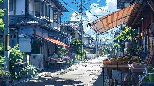  Cozy neighborhood shopping street with vendor stalls, potted flowers, and striped awnings beneath electrical wires, rendered in anime visual novel style. Local marketplace game background concept.