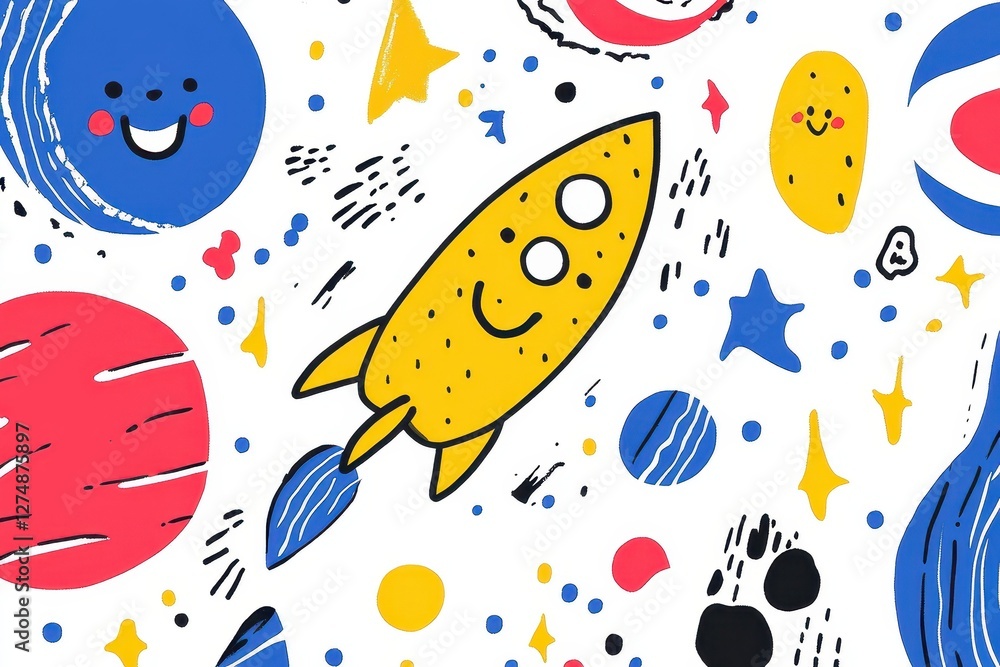 Poster colorful and playful space themed pattern with rocket and planets