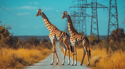 Obraz premium Giraffes on rural road, power lines in background