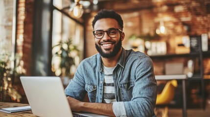 Obraz premium Smiling man using laptop in modern coffee shop with stylish interior and bright natural light