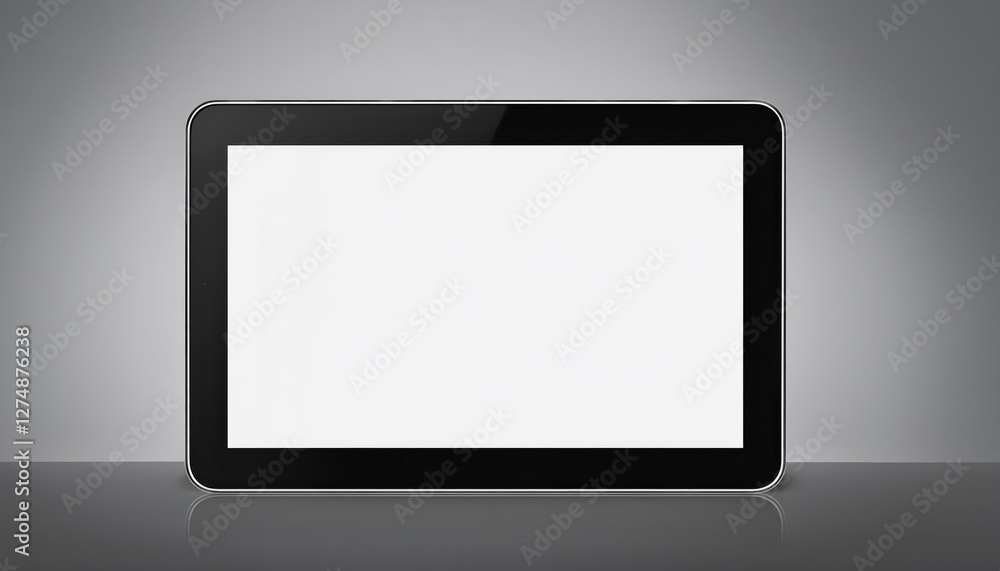 Poster striking black tablet computer mockup showcasing a blank horizontal screen in a modern setting with 