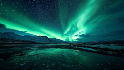 Naklejka premium Iceland Aurora Borealis night sky reflection mountains winter